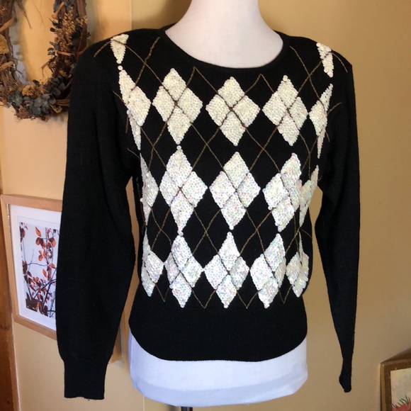 Vintage LIZ CLAIBORNE Size Medium Petite Lambswool Blend Sequin Plaid Carlyle - Picture 1 of 16